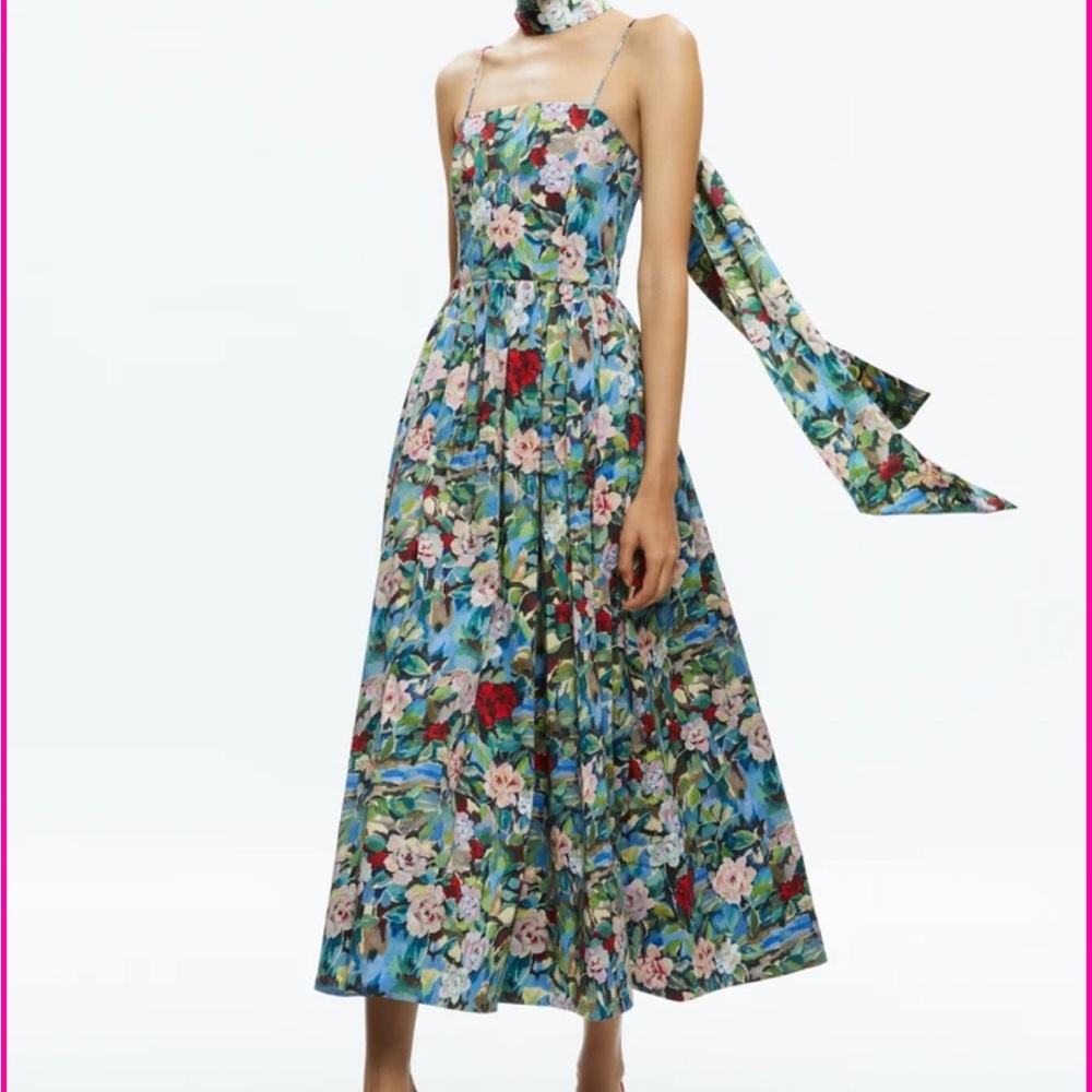 Alicia + Olivia  
GLYNIS SPAGHETTI STRAP SCARF MIDI DRESS